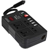 مبدل برق خودرو مشکی با دو خروجی برق AC، چهار پورت USB، سوکت فندکی، نمایشگر دیجیتال، کلید روشن/خاموش قرمز و نشانگر LED. مناسب برای شارژ همزمان چند دستگاه در سفرهای جاده‌ای.