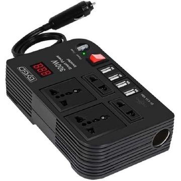 مبدل برق خودرو مشکی با دو خروجی برق AC، چهار پورت USB، سوکت فندکی، نمایشگر دیجیتال، کلید روشن/خاموش قرمز و نشانگر LED. مناسب برای شارژ همزمان چند دستگاه در سفرهای جاده‌ای.